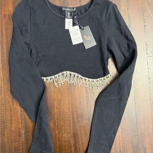 Sincerely Jules Black Crop Top with Beaded Fringe